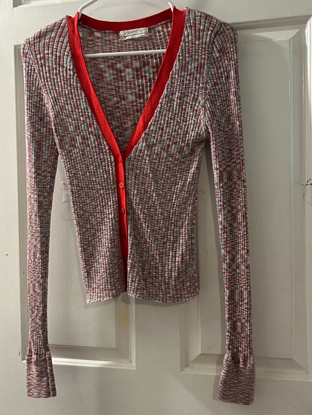 Urban Outfitters Multicolor Ribbed Cardigan with Red Trim